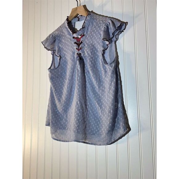 Living Doll Blue Sheer Ruffle Blouse XL | CottageRomantic Fairycore Boho Lace-Up - Picture 3 of 10